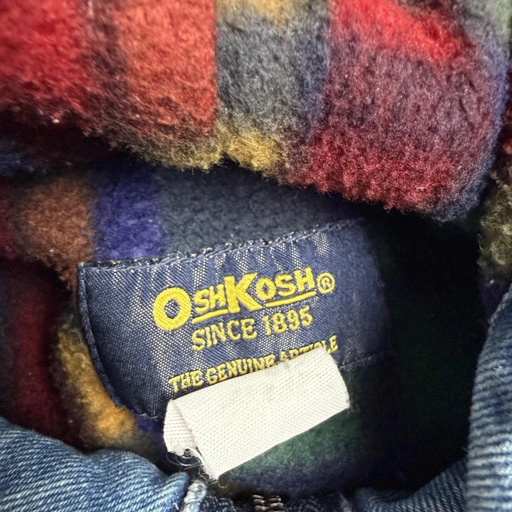 OshKosh Jacket Men's L Blue Denim Hooded Fleece Lined Bomber Plaid Zip Winter